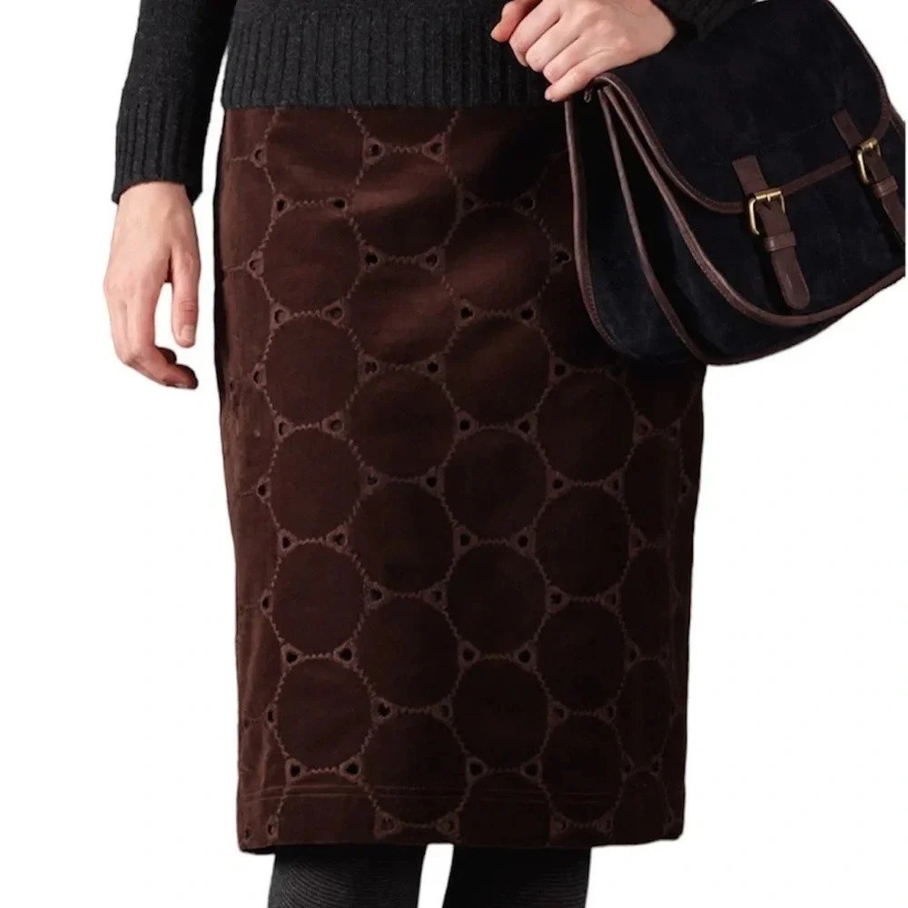 Boden | Brown Circle Embroidered Velvet Pencil Skirt Lined Back Zipper Size 4R